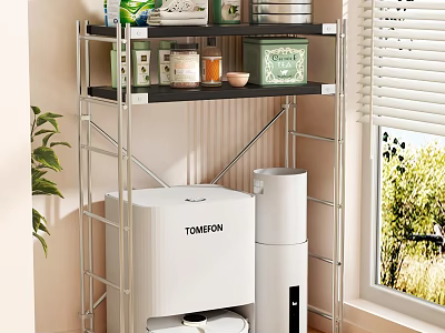Multi Tier Metal Storage Shelf With Storage Containers And White Appliances Near Window 3d model