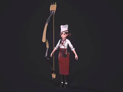 Game Movie Character Wearing Chef Hat Red And White Uniform With Red Apron Holding Bow 3d model