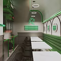 Green Tram Converted Restaurant Interior with Spiral Staircase Bar Counter and Seated Customers