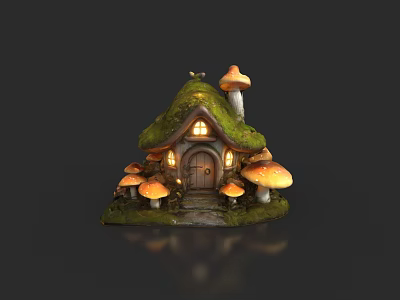 Cartoon Fairy Cottage Scene With Green Mossy Roof And Orange Mushrooms 3d model