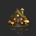 Cartoon Fairy Cottage Scene With Green Mossy Roof And Orange Mushrooms