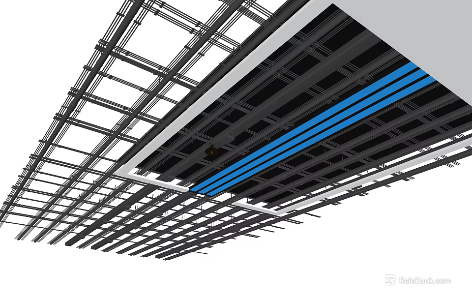 Modern Ceiling Design With Metal Grid Framework And Blue Accent Stripes 3d model 