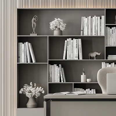 Modern Home Office Bookshelf With Gray Shelves Books Sculpture Flower Vase Rhino Figurine And Desk 3d model