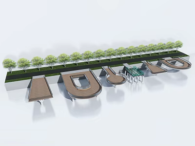 Roadside Facilities With Continuous Benches Row Of Trees And Wooden Rest Areas 3d model