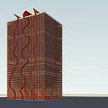 Modern Office Building With Red Wavy Exterior And Tall Structure Roof Decorations
