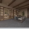 Elegant Chinese Style Room With Wooden Shelves Table Chairs Pendant Lights And Green Plant