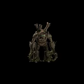 Tech Exhibition Hall Showcasing Wooden Creature Sculpture With Glowing Green Eyes