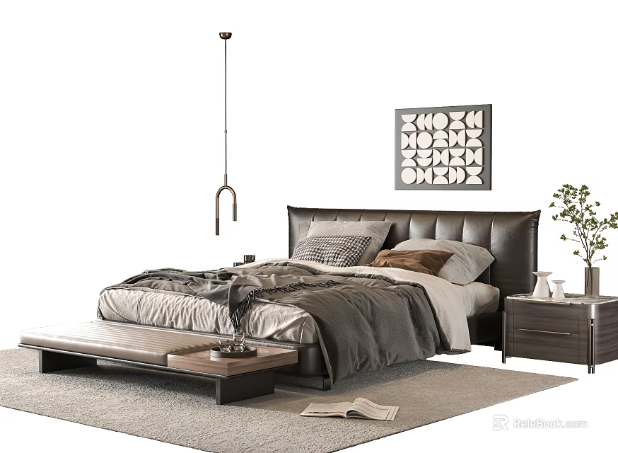 Modern Double Bed with Leather Headboard Nightstand Pendant Light and Geometric Wall Art 3d model 