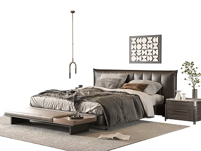 Modern Double Bed with Leather Headboard Nightstand Pendant Light and Geometric Wall Art 3d model