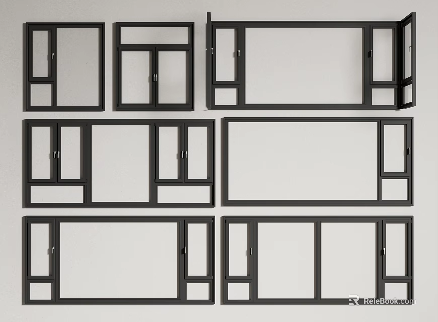 Modern Floor to Ceiling Windows With Black Frame And Various Design Styles 3d model 