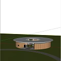 Modern Circular Wooden Community Building With Green Lawn And People Walking Nearby