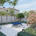 Modern European Style Courtyard Feature Wall With Pergola Green Plants Outdoor Sofas And Dining Table
