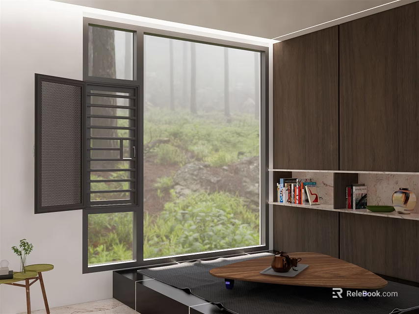 Floor to Ceiling Window with Misty Forest View Dark Wood Cabinetry and Wooden Coffee Table 3d model 