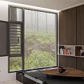 Floor to Ceiling Window with Misty Forest View Dark Wood Cabinetry and Wooden Coffee Table