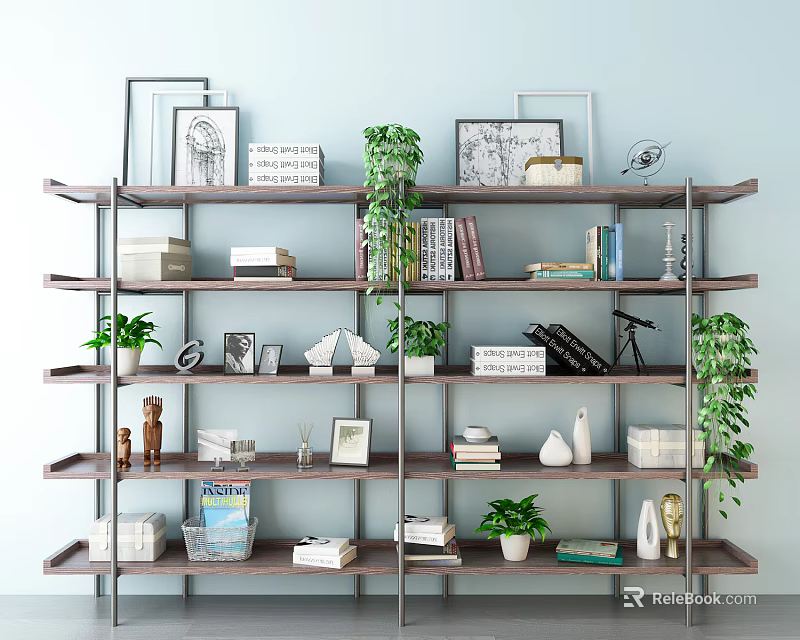 Stylish Shelving Unit With Books Plants Photo Frames And Decorations Against Light Blue Wall 3d model 