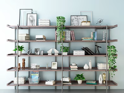 Stylish Shelving Unit With Books Plants Photo Frames And Decorations Against Light Blue Wall 3d model