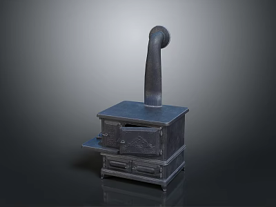 Vintage Cast Iron Stove With Tall Chimney Drawers And Small Countertop 3d model