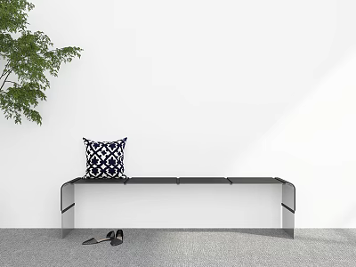Modern Indoor Space With White Wall Black Bench Geometric Cushion Black Shoes And Green Plant 3d model