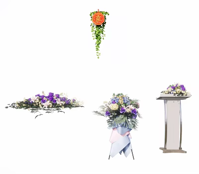 Functional Table Decorated With Purple White Flower Bouquets And Green Vine Decorations 3d model