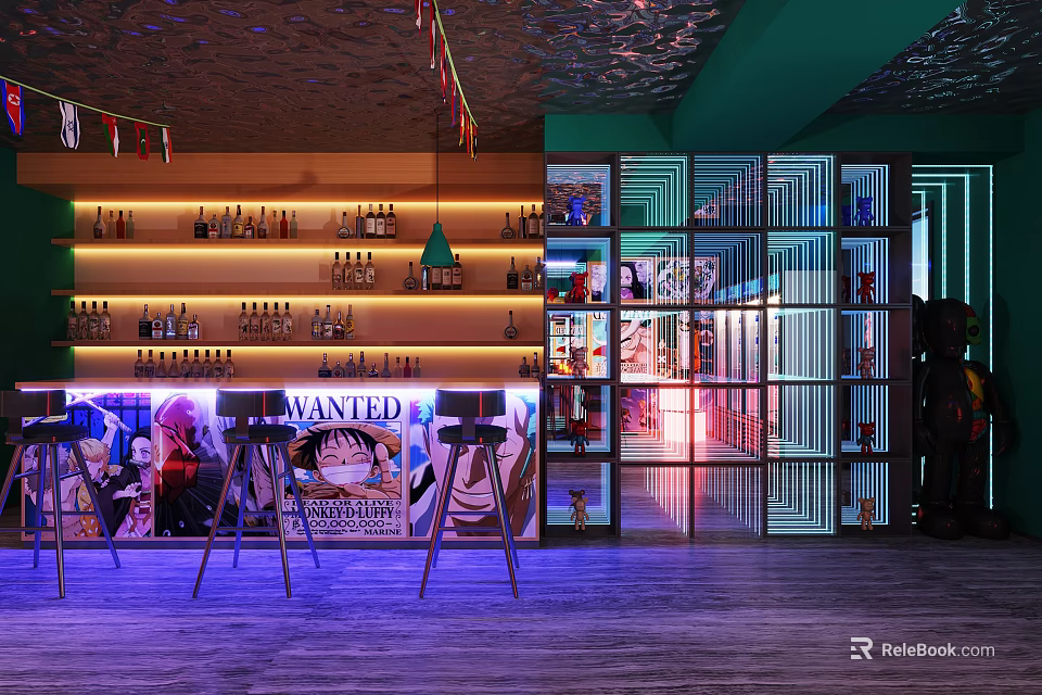 Modern Bar Interior With Anime Posters High Stools And Illuminated Shelves 3d model