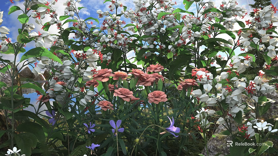 Vibrant Garden Flowers And Plants With White Pink Purple Blooms And Green Leaves 3d model 
