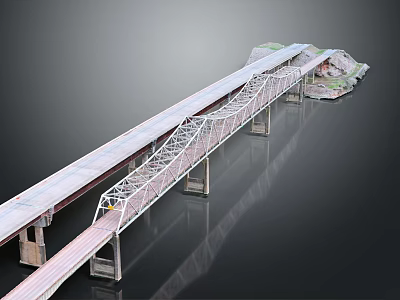 Steel Truss Bridge Structure Over Water Surface With Supporting Piers And Train 3d model