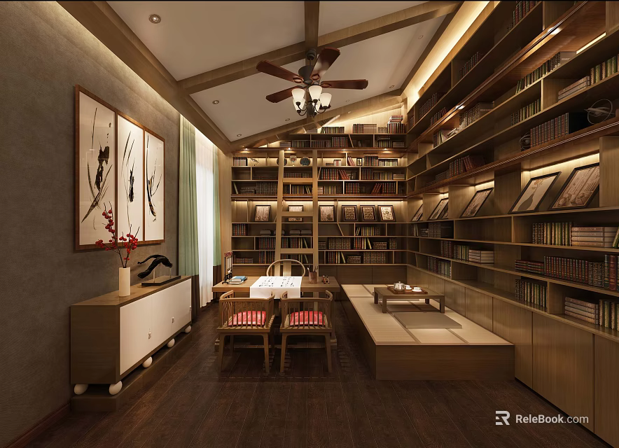 Warm New Chinese Style Study Room With Full Wall Wooden Bookshelves And Comfortable Reading Space 3d model 