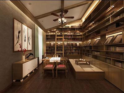 Warm New Chinese Style Study Room With Full Wall Wooden Bookshelves And Comfortable Reading Space 3d model