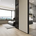 Modern Bedroom Interior With Large Gray Bed White Green Pillows Green Plant And Gray Carpet