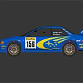 Blue Subaru Race Car Model With Number 186 Yellow Stripes Rear Spoiler And Racing Decals