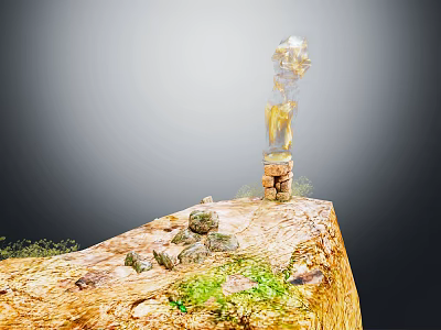 Cartoon Scene of Cliff with Stacked Stone Pillar Transparent Top Yellow Liquid and Green Grass 3d model