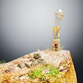 Cartoon Scene of Cliff with Stacked Stone Pillar Transparent Top Yellow Liquid and Green Grass