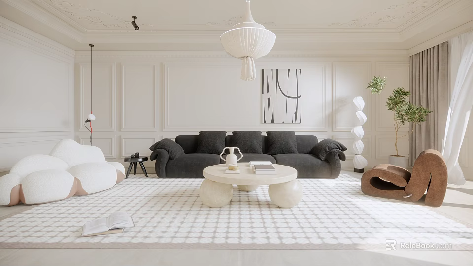 Modern Living Room Interior With Dark Gray Sofa Round Coffee Table And Patterned Rug 3d model