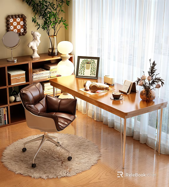Elegant Study Room Interior With Wooden Desk Brown Leather Chair Bookshelf Lamp And Green Plant 3d model 