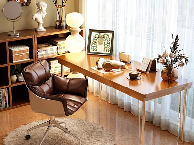 Elegant Study Room Interior With Wooden Desk Brown Leather Chair Bookshelf Lamp And Green Plant 3d model