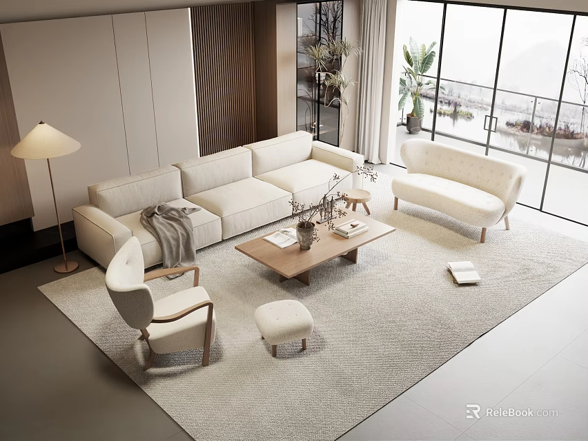 Modern Living Room Sofa And Coffee Table Set With Armchair Ottoman Rug And Floor Lamp 3d model 