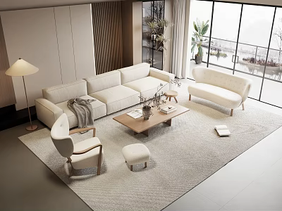 Modern Living Room Sofa And Coffee Table Set With Armchair Ottoman Rug And Floor Lamp 3d model