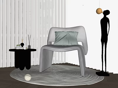Modern Gray Leisure Chair With Round Rug Side Table Vertical Striped Wall And Floor Lamp 3d model