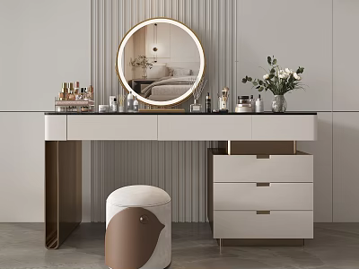 Elegant Vanity Table with Round Lit Mirror Cosmetics Flower Vase Drawers and Upholstered Stool 3d model