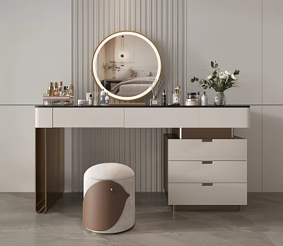 Elegant Vanity Table with Round Lit Mirror Cosmetics Flower Vase Drawers and Upholstered Stool 3d model
