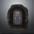 Gothic Style Stained Glass Window In Weathered Stone Arch Frame With Colorful Patterns