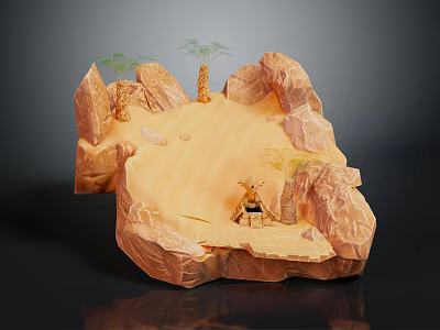 Desert Landscape With Rocky Cliffs Sand Dunes Palm Trees And Small Figure 3d model