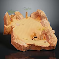 Desert Landscape With Rocky Cliffs Sand Dunes Palm Trees And Small Figure
