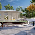 Water Fountain with Modern Glass Pavilion Green Trees and Lawn Area