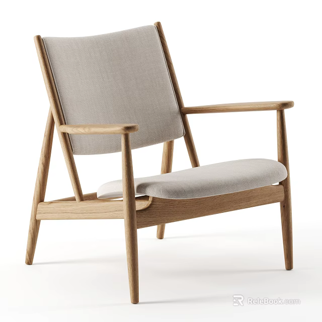 Modern Scandinavian Leisure Chair With Wooden Frame Light Gray Fabric Seat And Backrest 3d model 