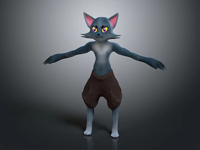 Cartoon Gray Cat Character With Pink Ears Yellow Eyes And Brown Shorts Standing Pose 3d model