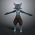 Cartoon Gray Cat Character With Pink Ears Yellow Eyes And Brown Shorts Standing Pose