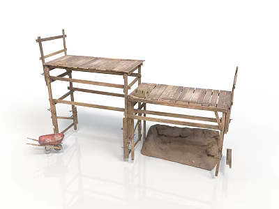 Two Wooden Scaffold Style Household Workbenches With Red Wheelbarrow And Cloth 3d model