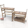 Two Wooden Scaffold Style Household Workbenches With Red Wheelbarrow And Cloth