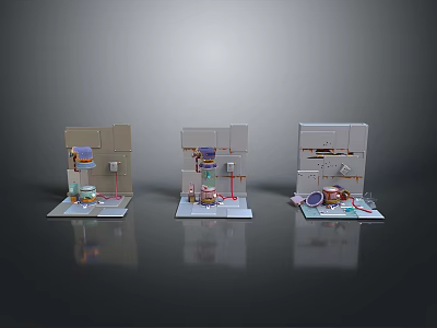 Three Small Kitchen Models With Different Designs Cabinets Countertops And Utensils 3d model